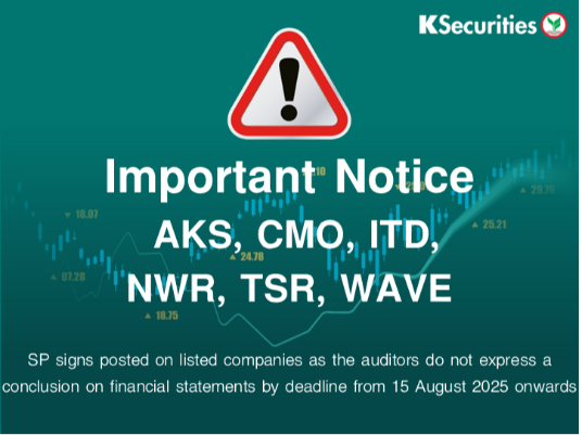 SP signs posted on listed companies AKS, CMO, ITD, NWR, TSR, WAVE as the auditors do not express a conclusion on financial statements